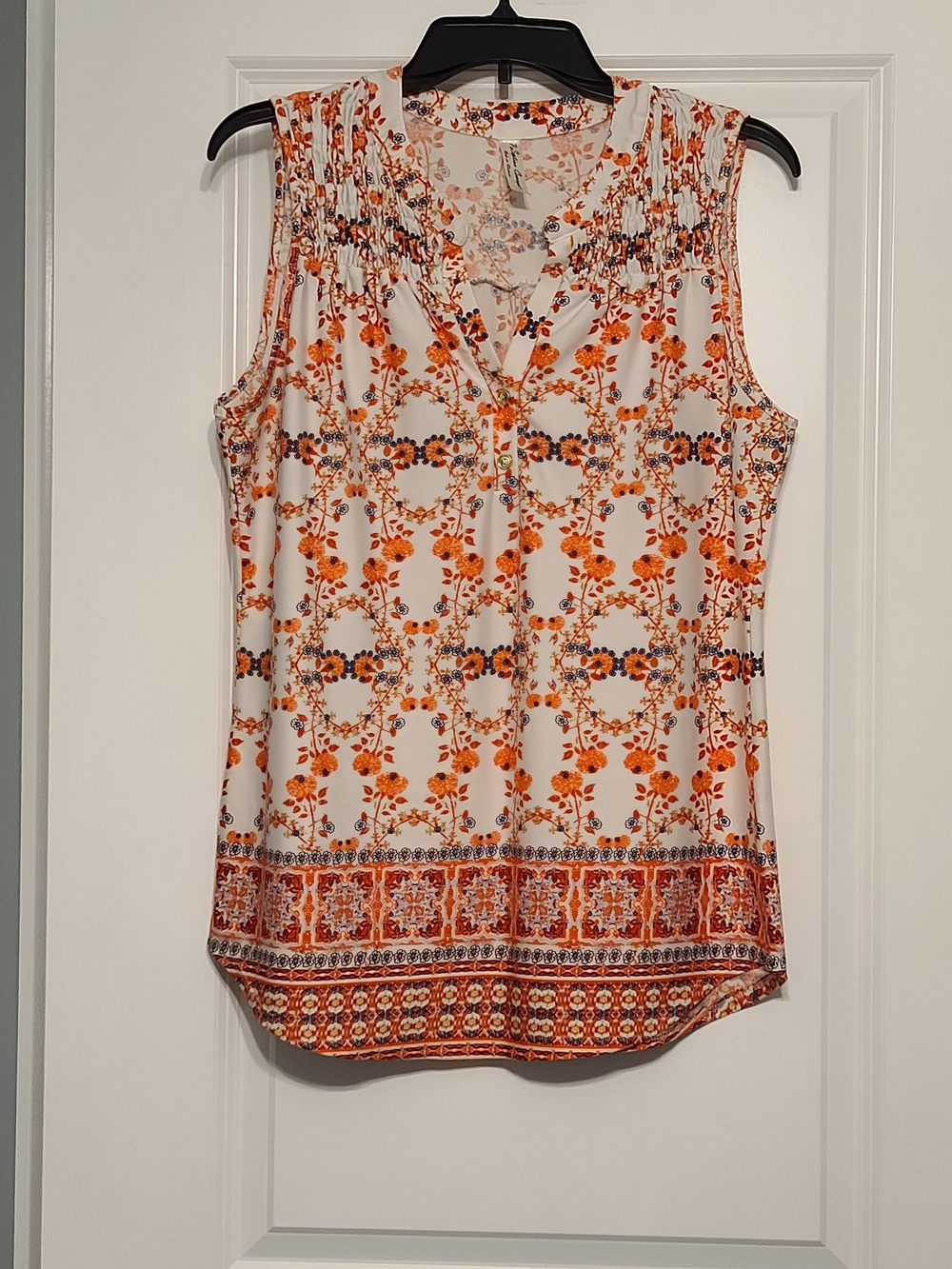 PerSeption Concept Women's Sz L Sleeveless V-Neck Blouse, White/Orange/Navy